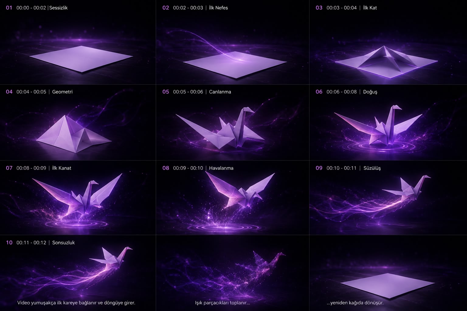 Sonsuz Kağıt görsel promptu — 10 kareli origami turna storyboard'u
