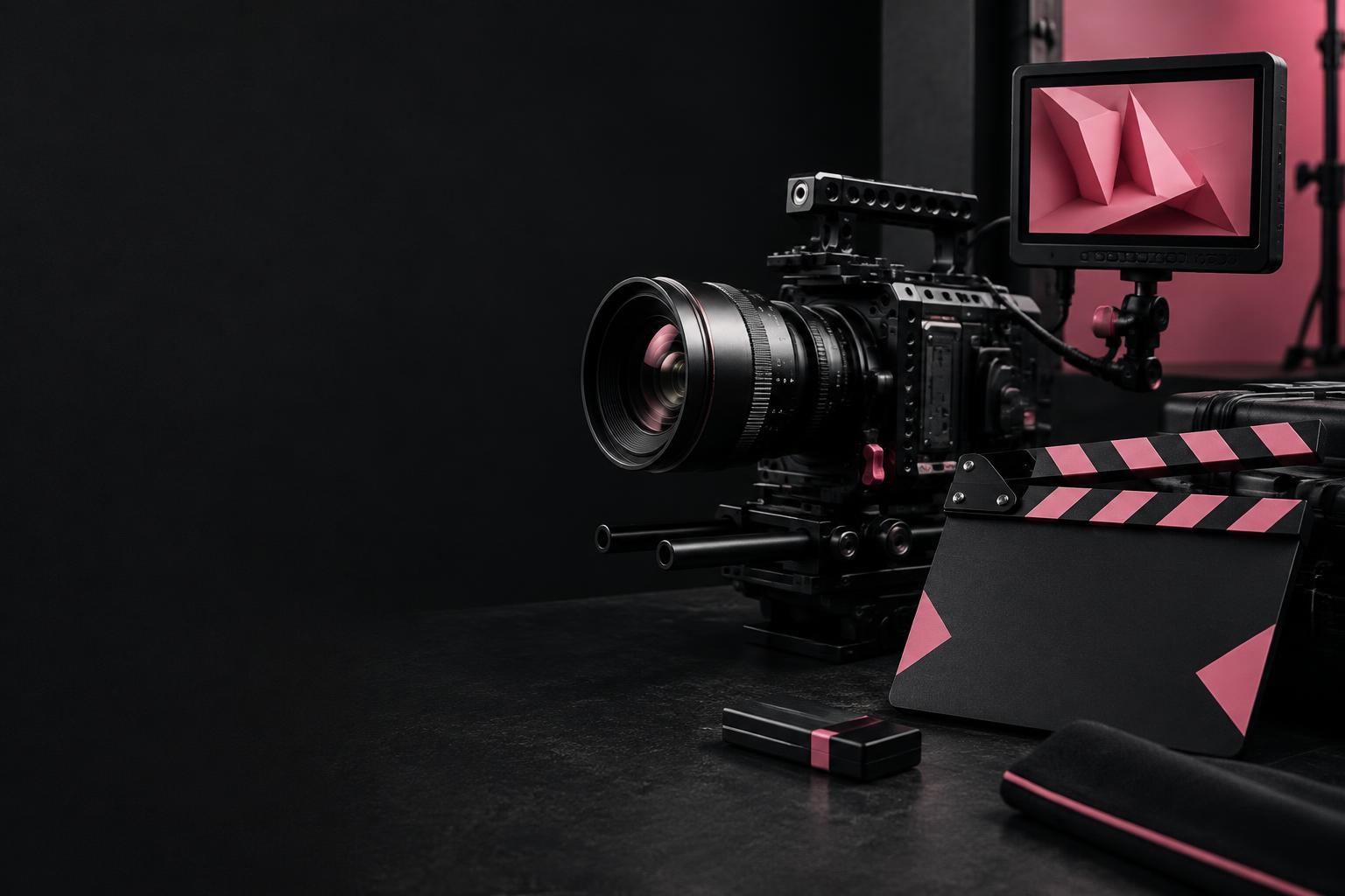 Sinema kamerası, klaket ve pembe origami sahnesini gösteren monitör; video üretimi konsept görseli
