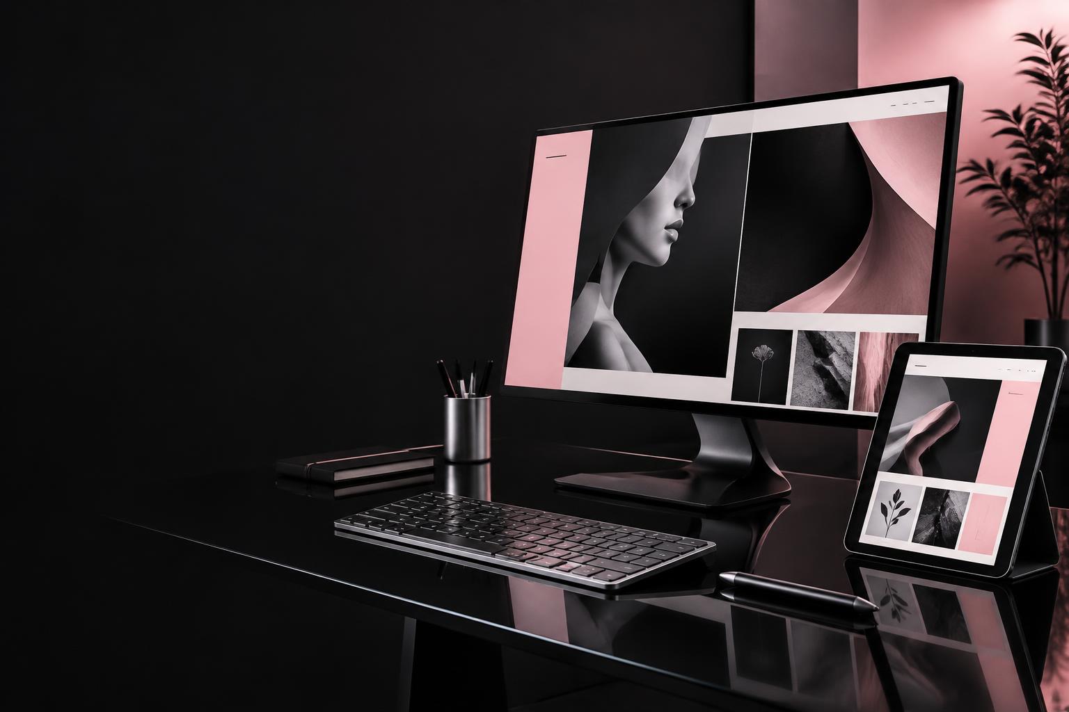 Markaya özel pembe ve siyah web tasarımlarını gösteren masaüstü ekran ve tablet; konsept görsel