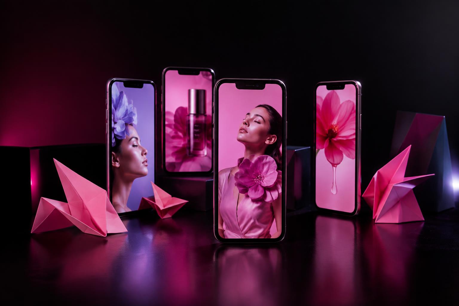 Pembe tonlarda dikey reklam kreatifleri gösteren akıllı telefonlar ve origami detaylar; konsept görsel